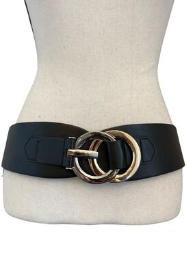Wide Black Stretch Waist Belt Double Ring Gold Silver Buckle Plus Size 1X